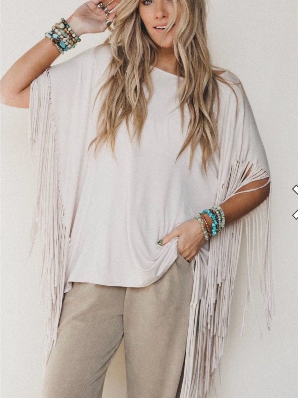 Three Bird Nest Cream Fringe Dolman Tunic